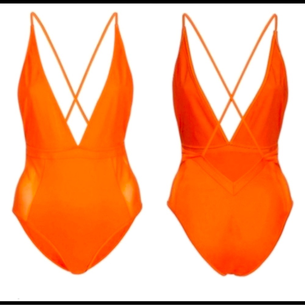 Topshop Orange one piece Swimsuit with sheer panels and criss cross back size 12